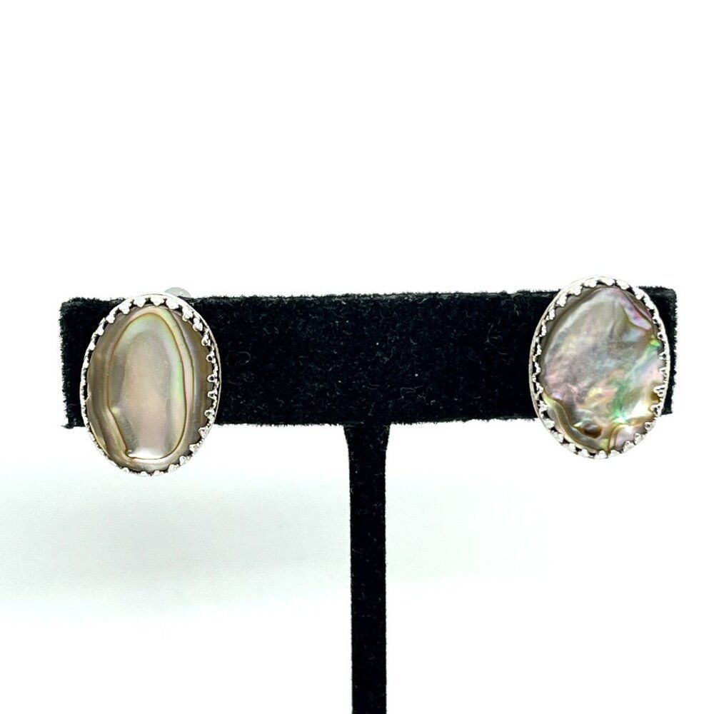 Vintage Whiting & Davis Earrings Abalone Shell Clip Silver Tone Oval